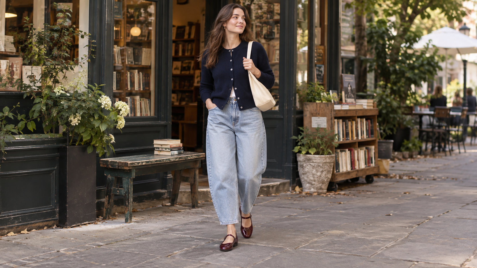 Navy Cardigan with Light-Wash Barrel Jeans and Burgundy Mary Jane Flats